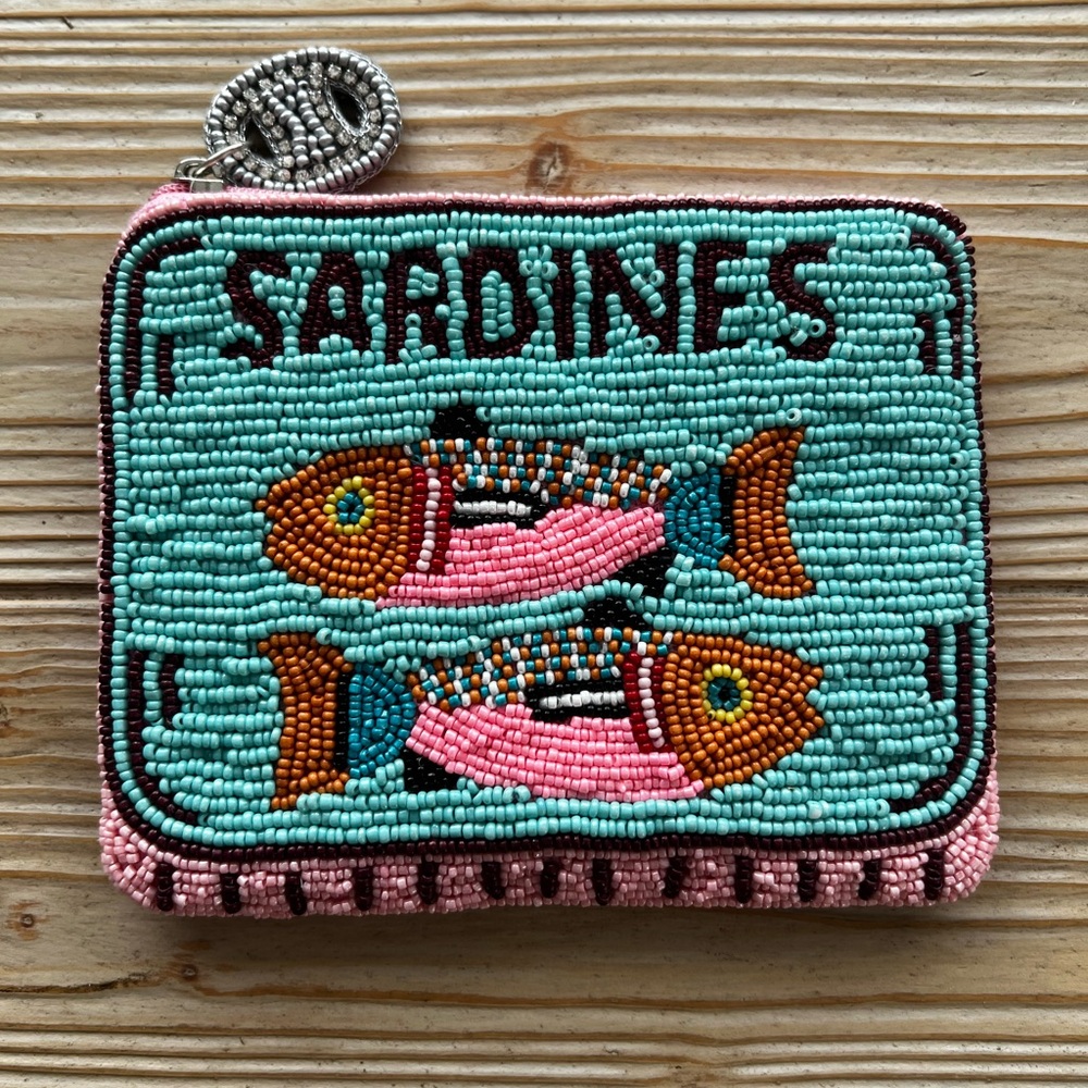 Beaded Sardines Coin Purse Zip Pouch Pink Teal Orange